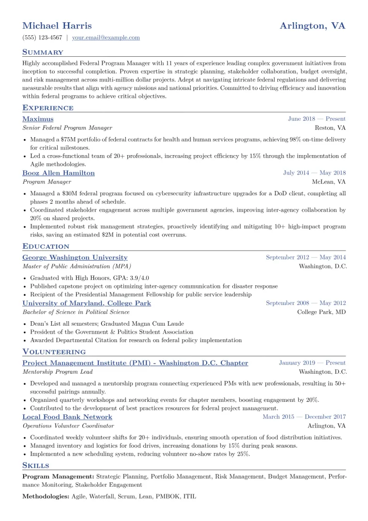 Federal Program Manager Resume Example CV template preview