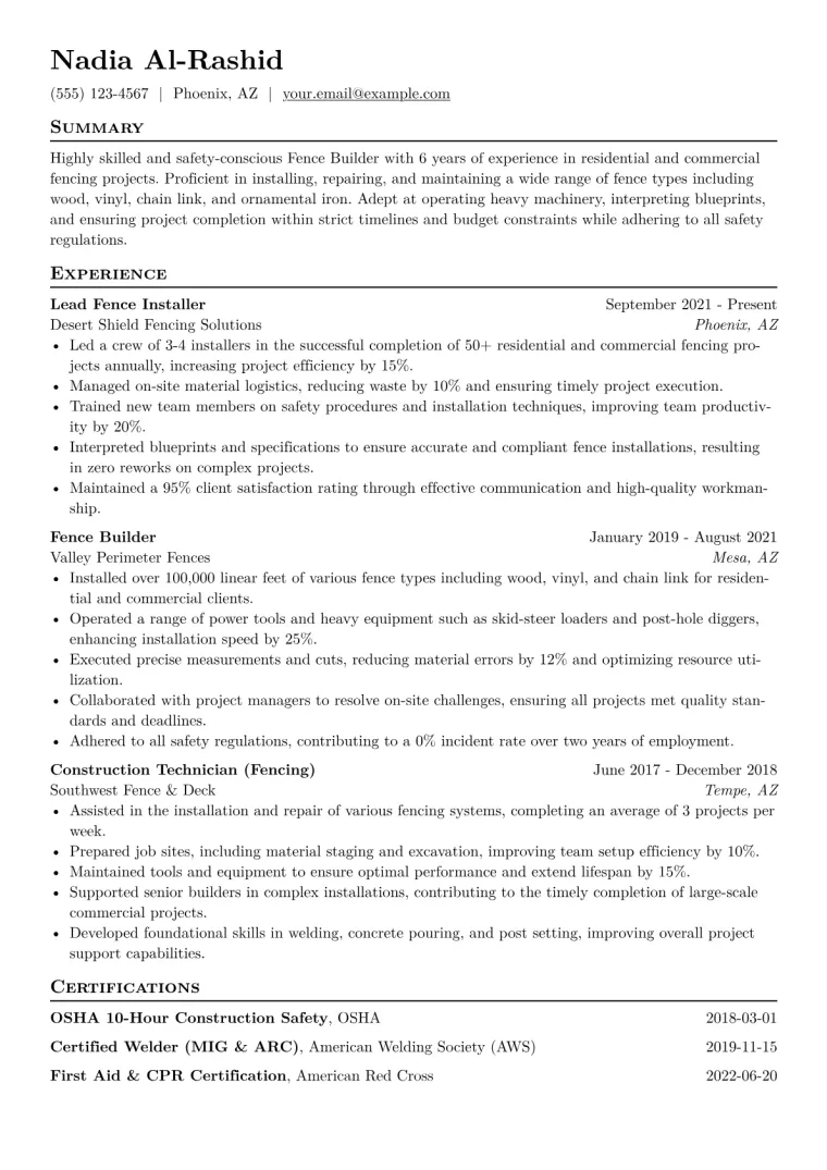 Fence Builder Resume Example CV template preview