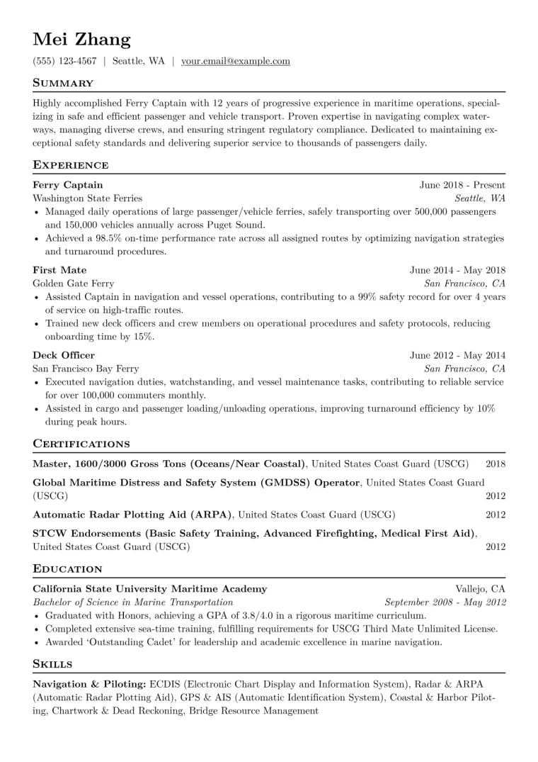 Ferry Captain Resume Example CV template preview