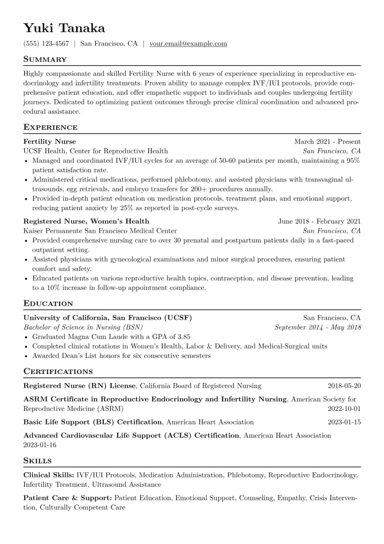 Fertility Nurse Resume Example CV template preview