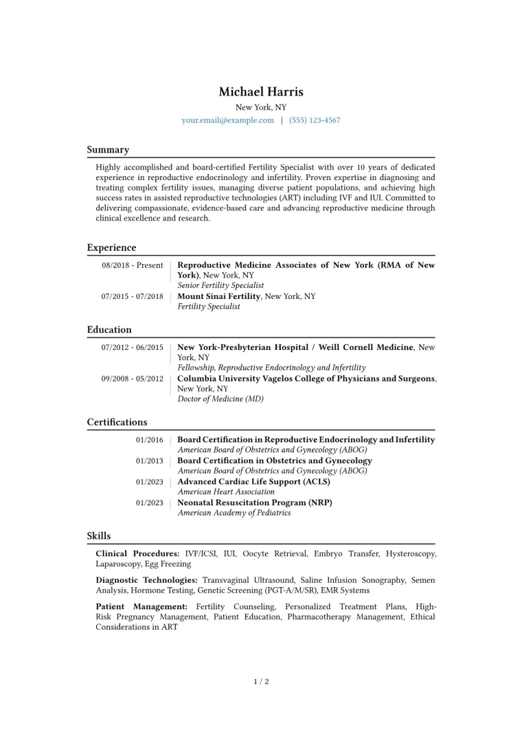 Fertility Specialist Resume Example CV template preview