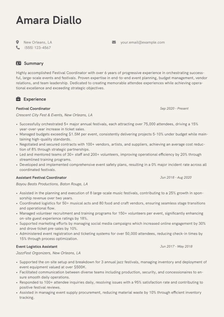Festival Coordinator Resume Example CV template preview