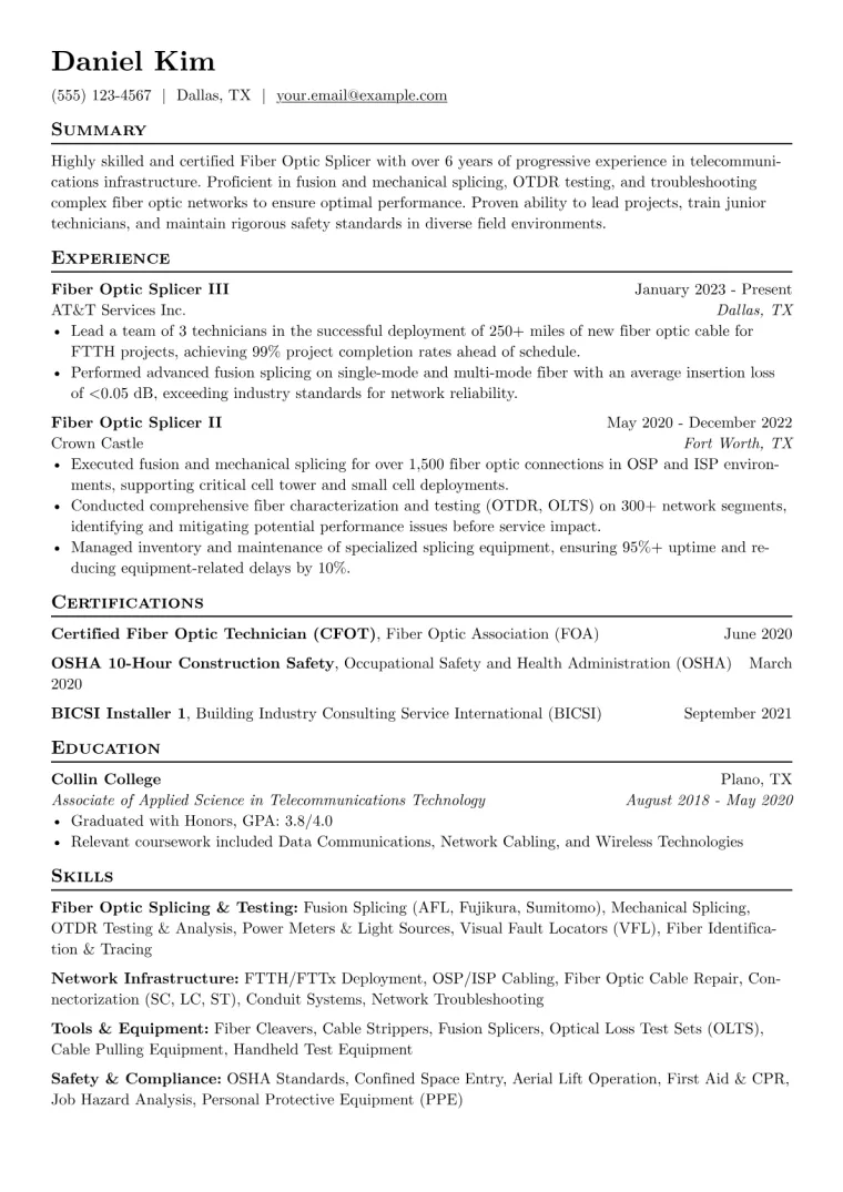 Fiber Optic Splicer Resume Example CV template preview