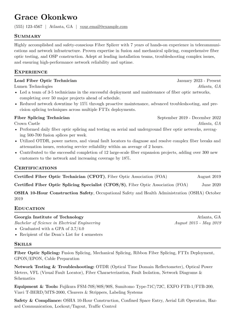 Fiber Splicer Resume Example CV template preview