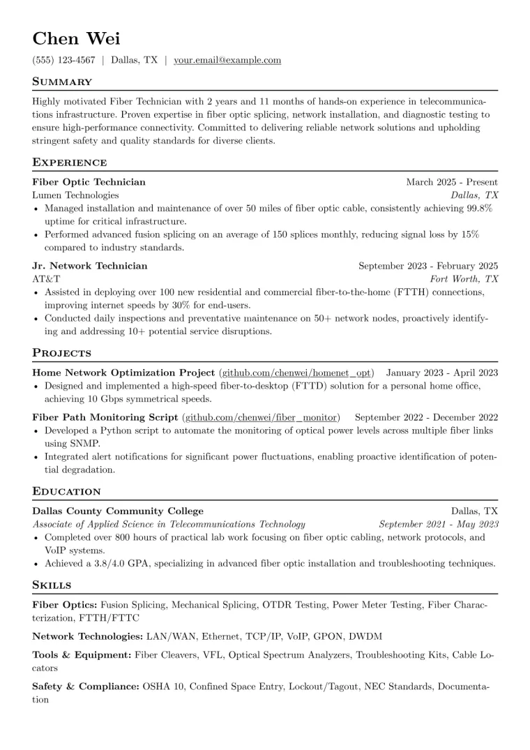 Fiber Technician Resume Example CV template preview