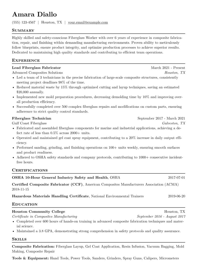 Fiberglass Worker Resume Example CV template preview