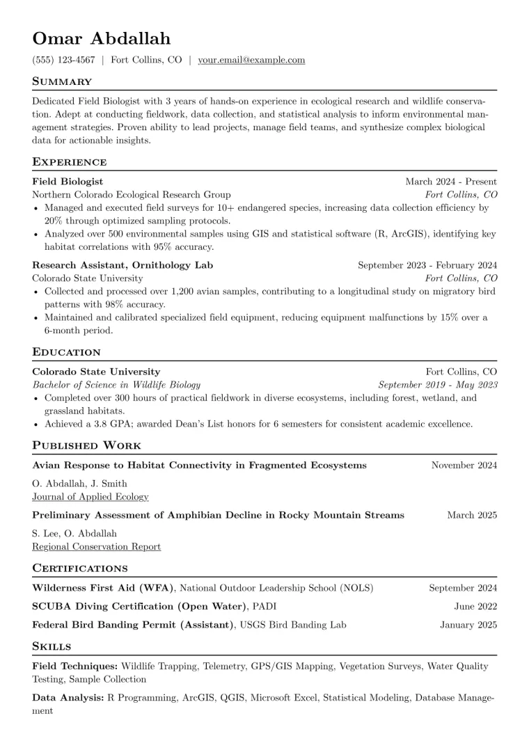 Field Biologist Resume Example CV template preview