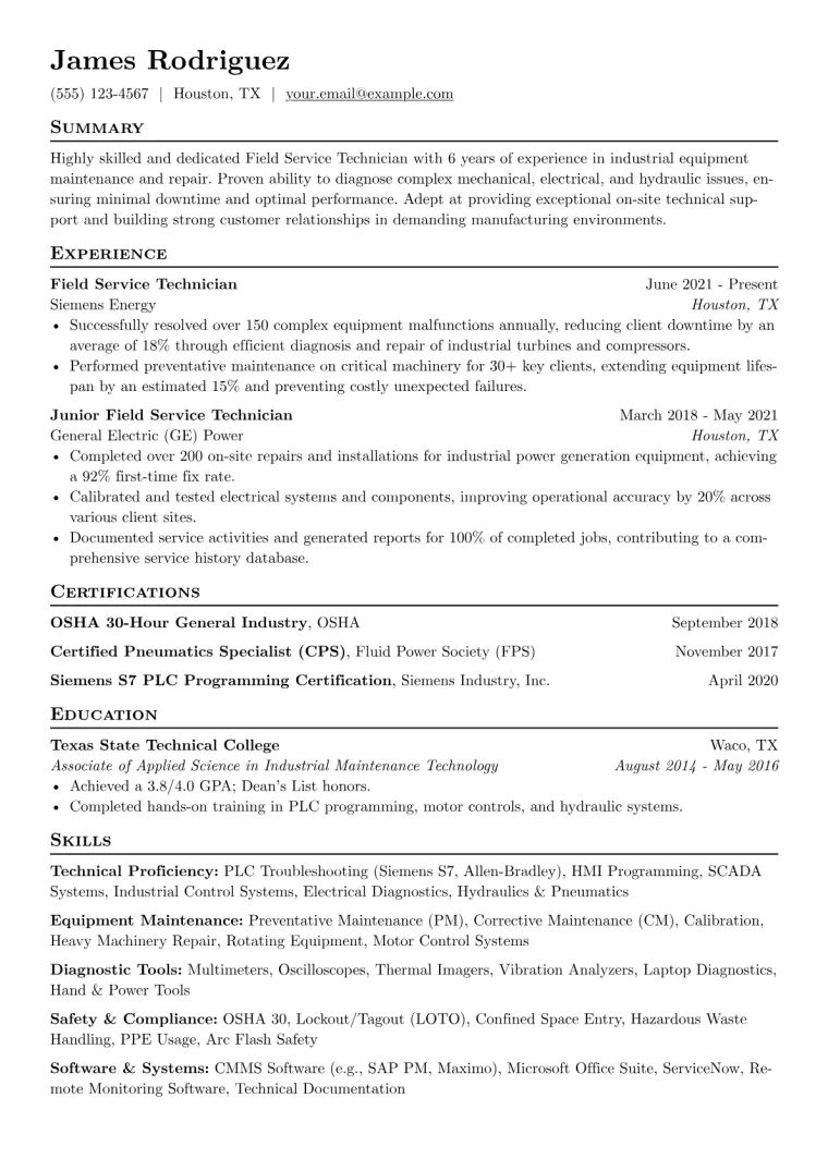 Field Service Technician Resume Example CV template preview