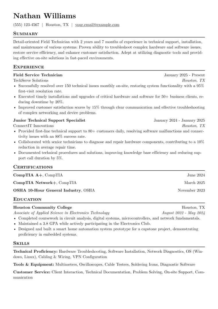 Field Technician Resume Example preview