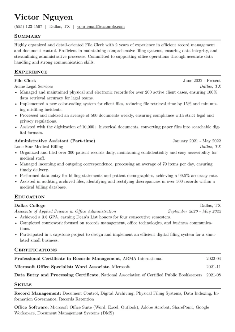 File Clerk Resume Example CV template preview