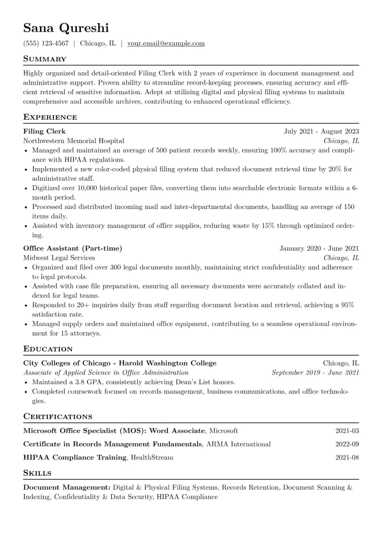 Filing Clerk Resume Example CV template preview