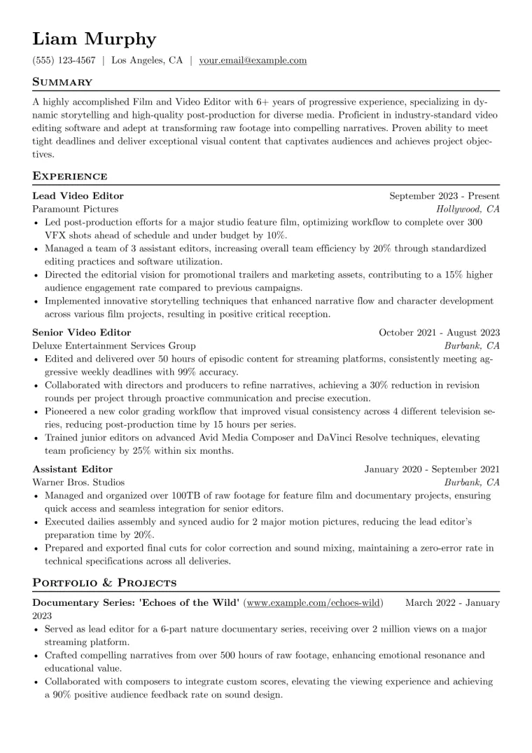 Film and Video Editor Resume Example CV template preview