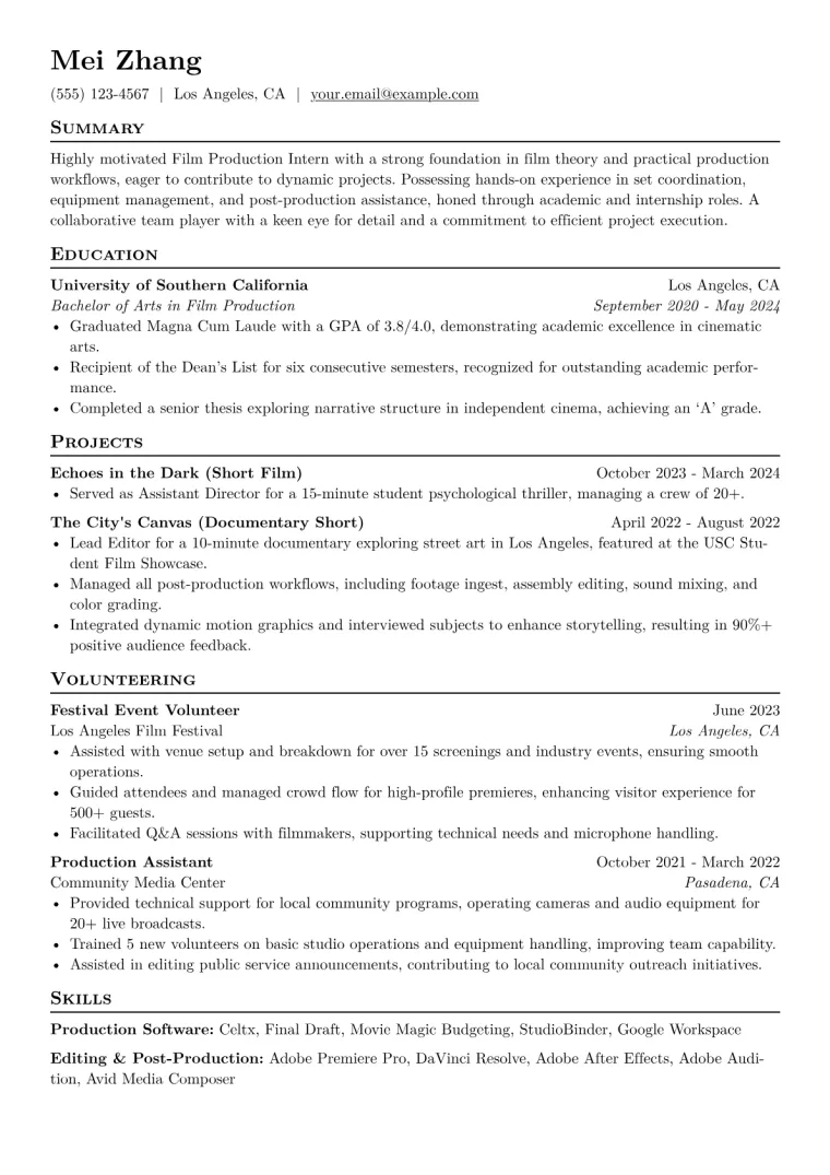 Film Production Intern Resume Example CV template preview