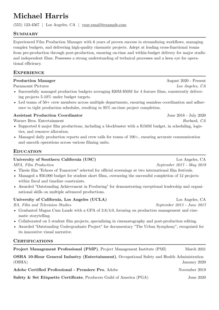 Film Resume Example CV template preview