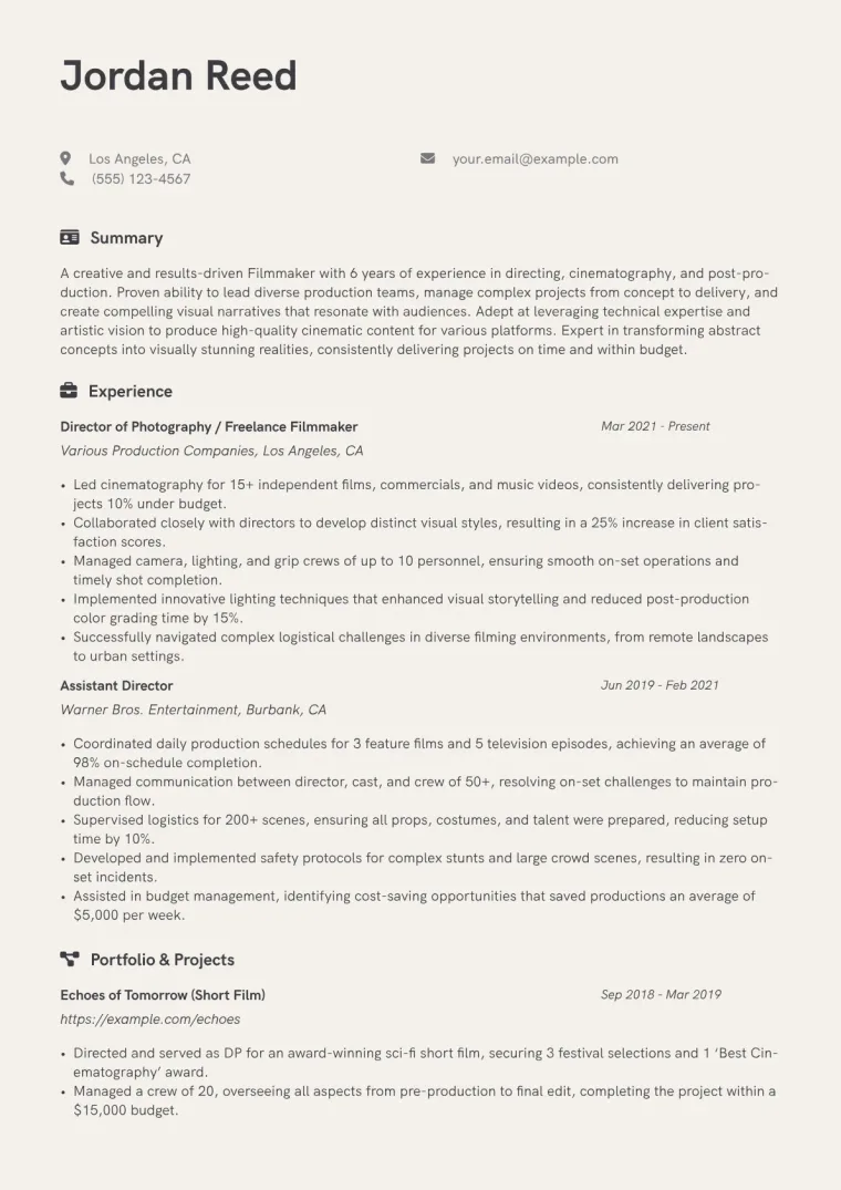 Filmmaker Resume Example CV template preview