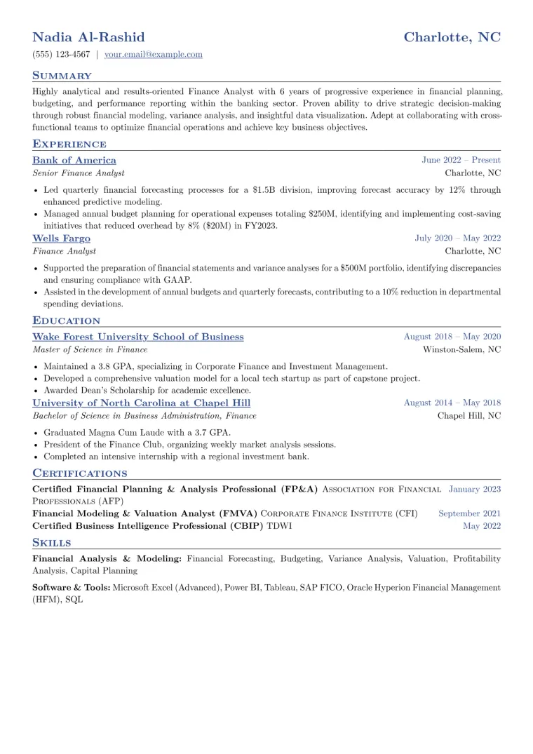 Finance Analyst Resume Example CV template preview