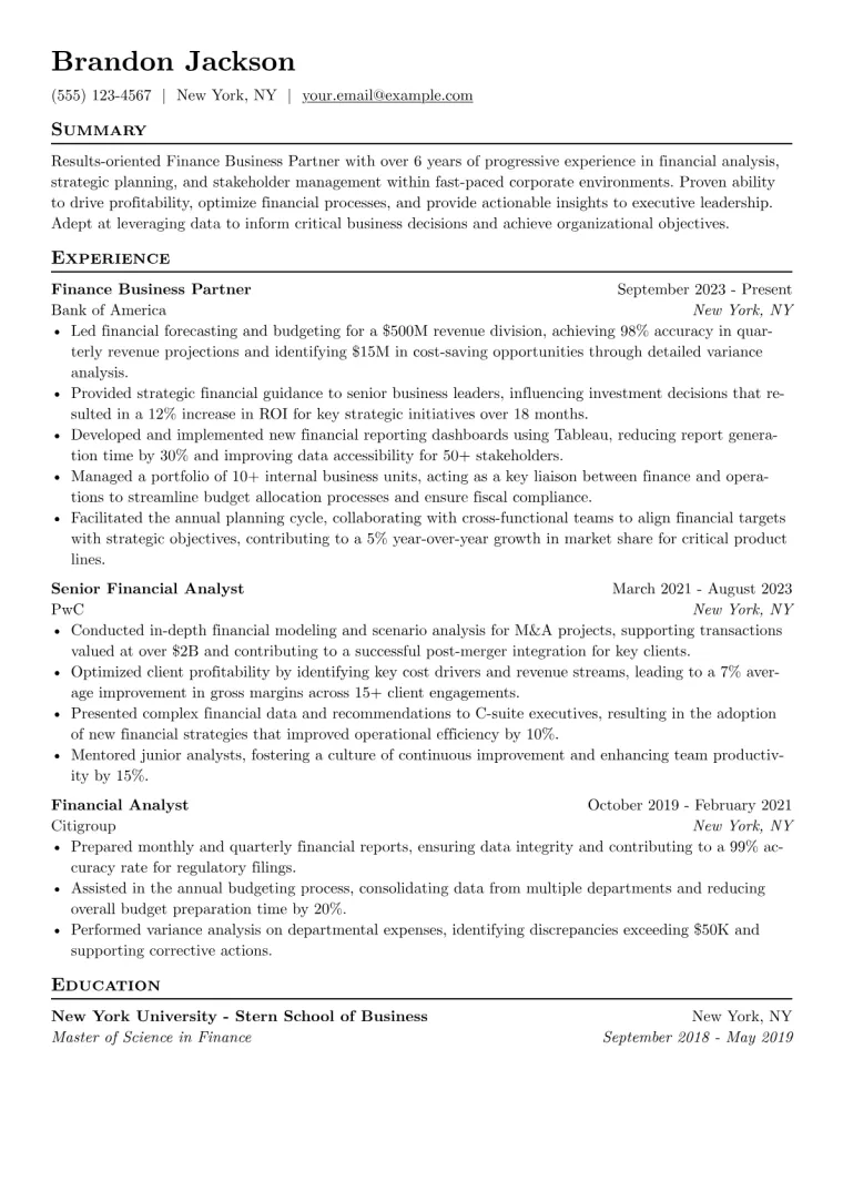 Finance Business Partner Resume Example CV template preview