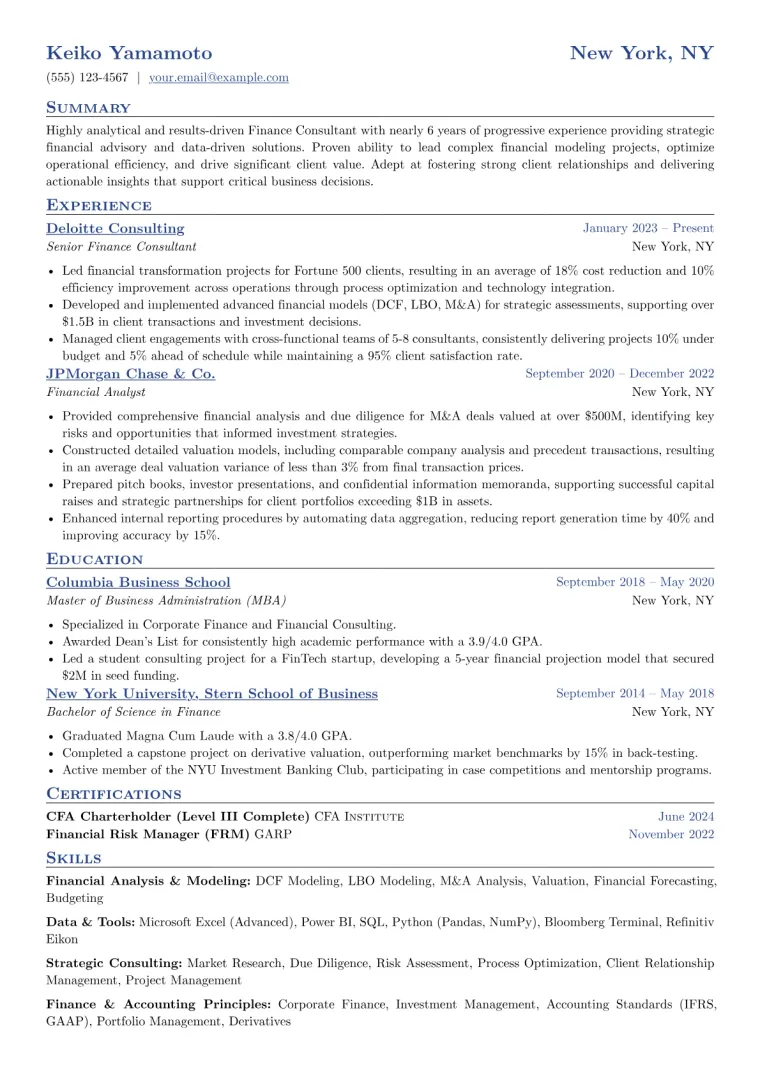 Finance Consultant Resume Example CV template preview