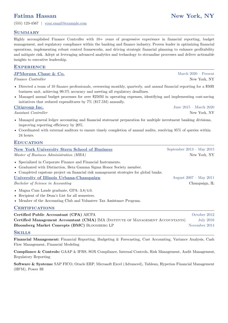 Finance Controller Resume Example CV template preview