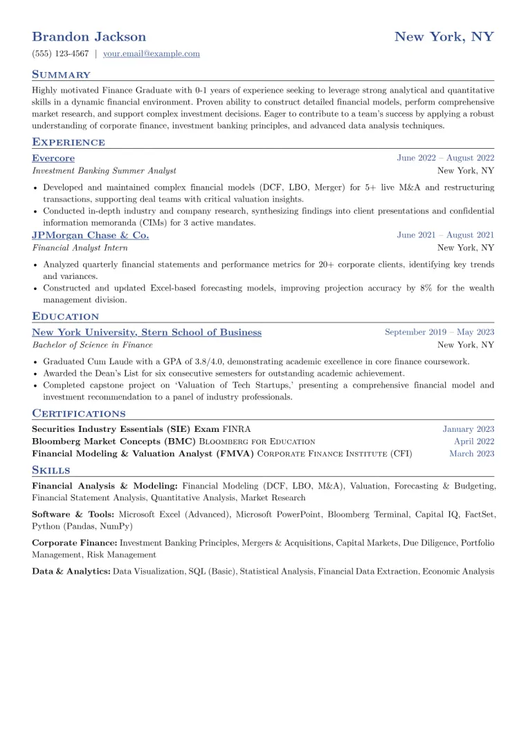 Finance Graduate Resume Example CV template preview