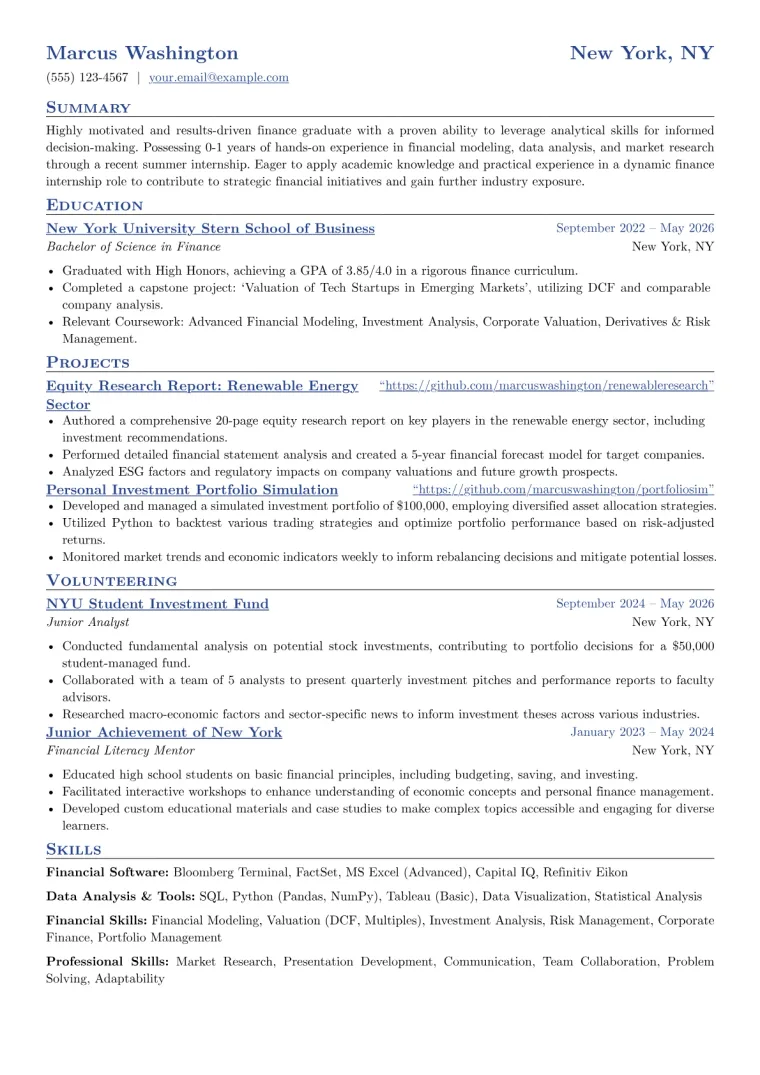 Finance Internship Resume Example CV template preview