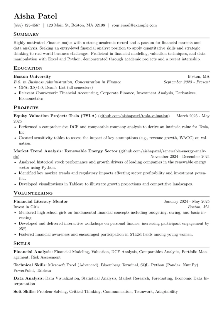 Finance Major Resume Example CV template preview