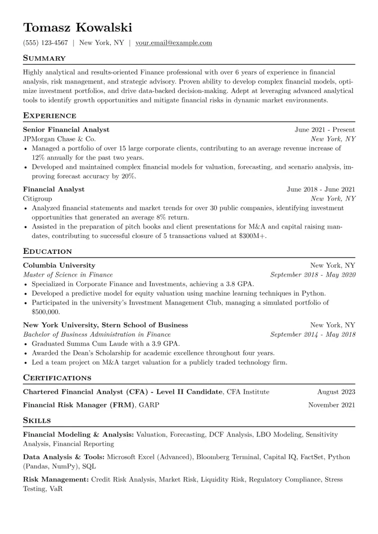 Finance Resume Example CV template preview