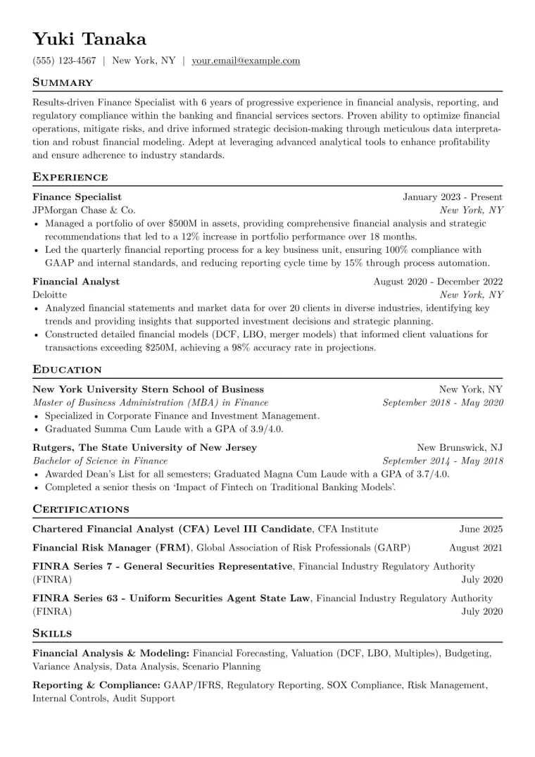 Finance Specialist Resume Example CV template preview