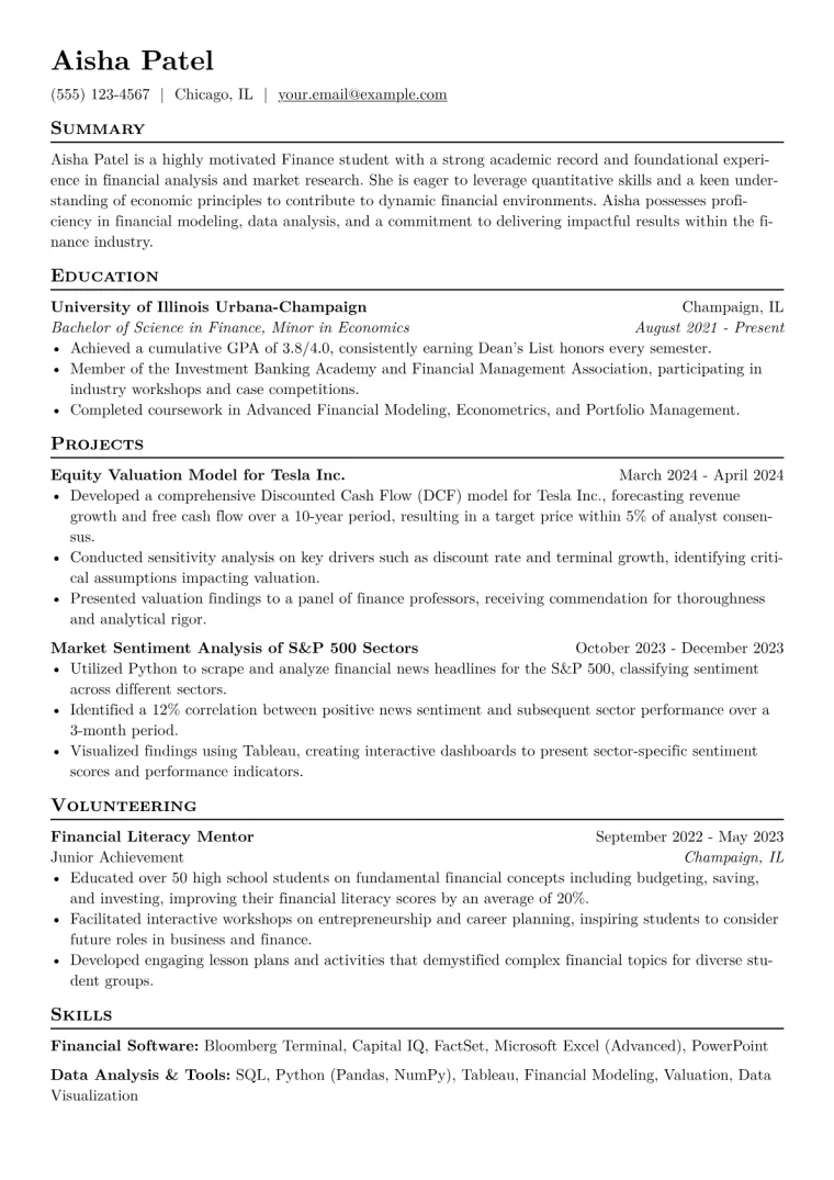 Finance Student Resume Example CV template preview