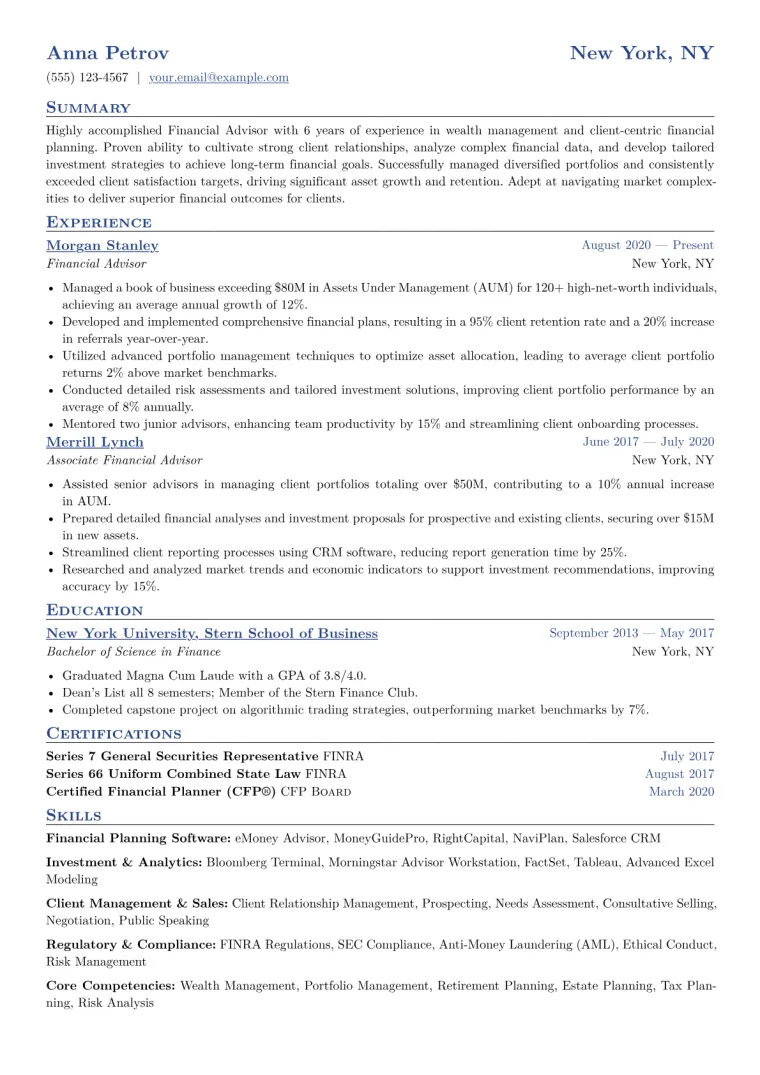 Financial Advisor Resume Example CV template preview