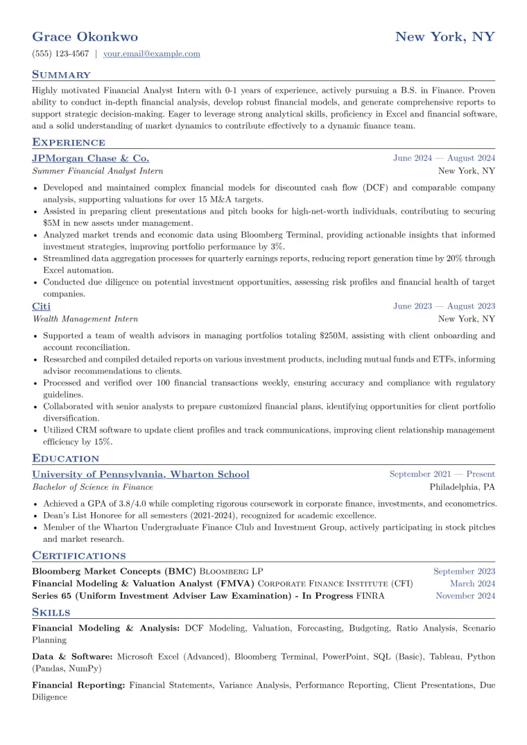 Financial Analyst Intern Resume Example CV template preview