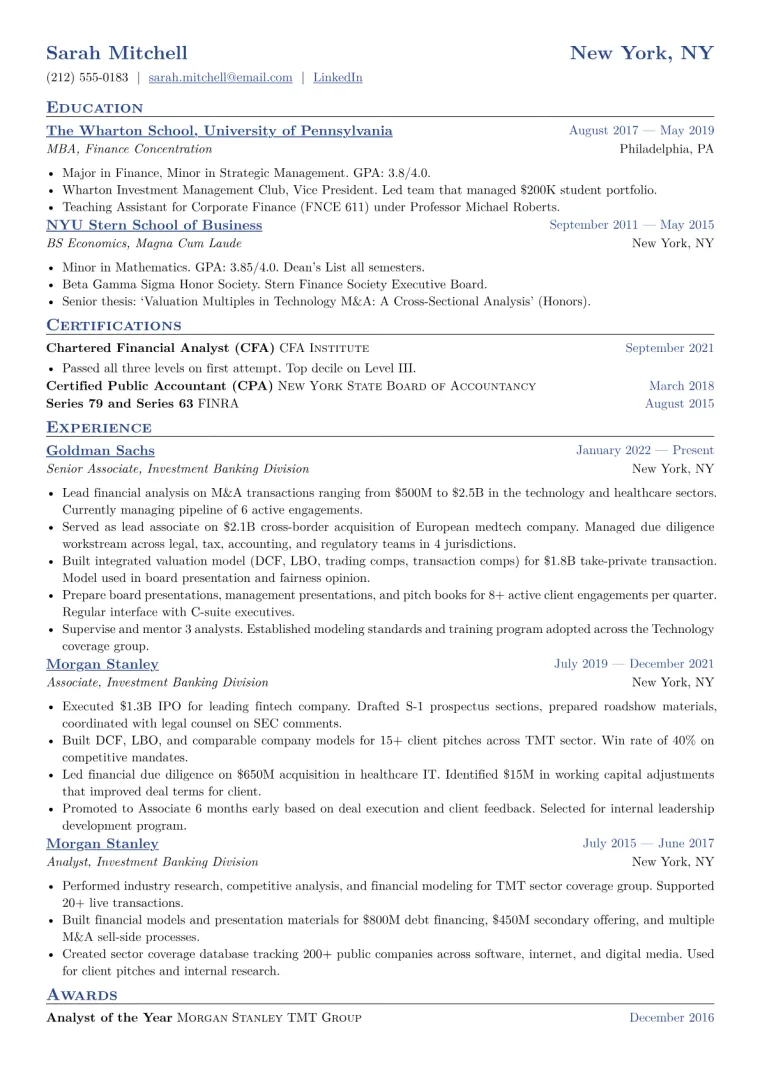 Senior Financial Analyst - Investment Banking CV template preview