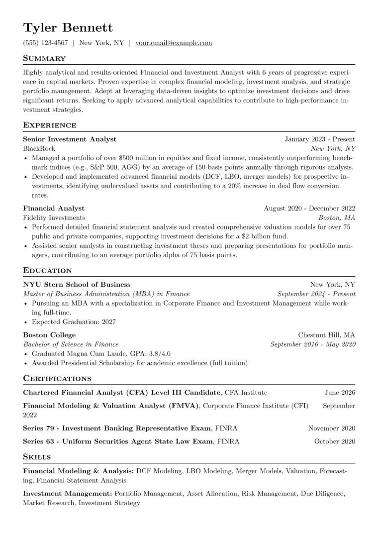 Financial and Investment Analyst Resume Example preview