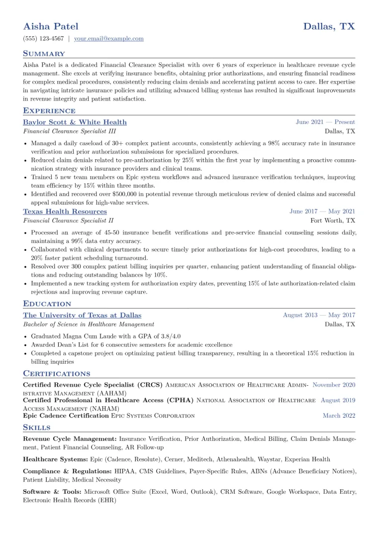 Financial Clearance Specialist Resume Example CV template preview