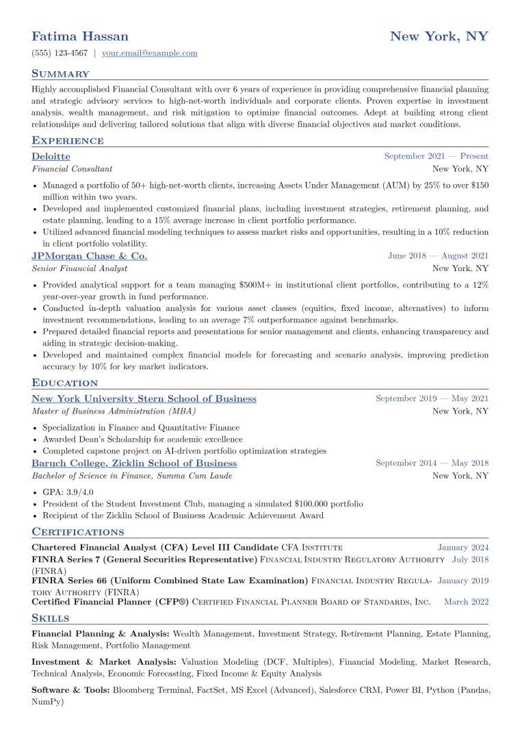 Financial Consultant Resume Example CV template preview