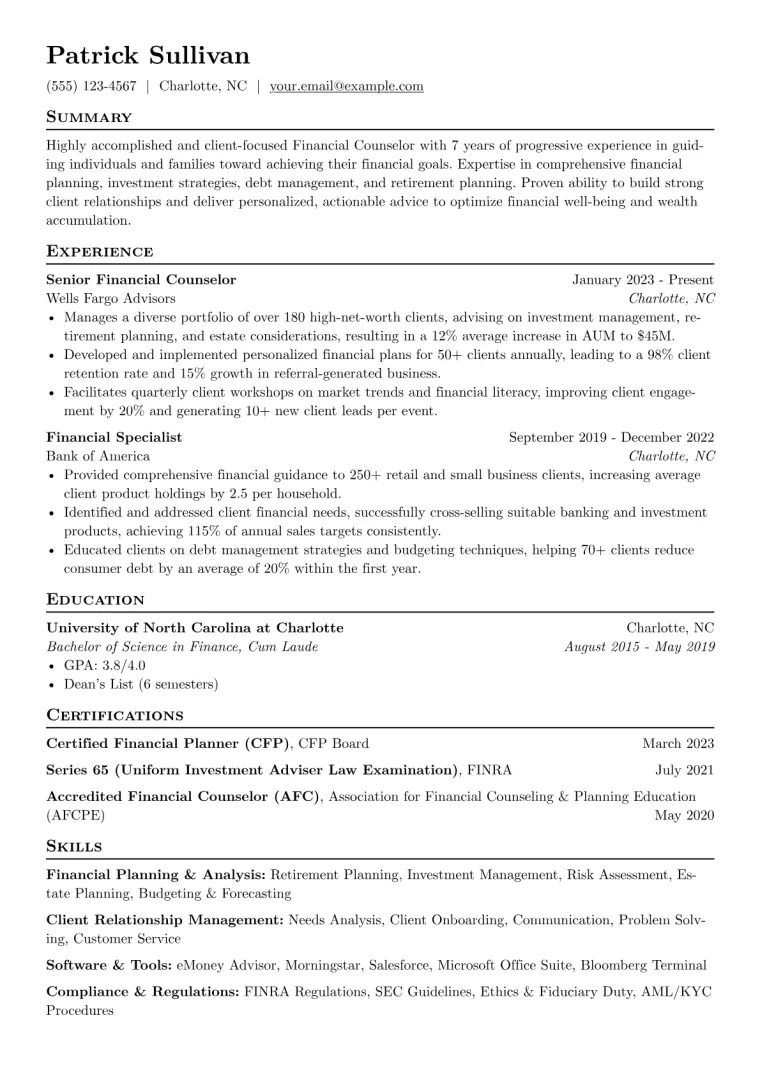 Financial Counselor Resume Example CV template preview