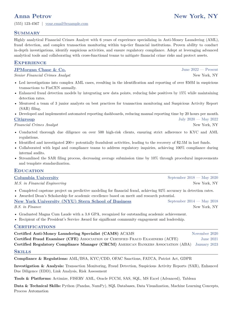 Financial Crimes Analyst Resume Example CV template preview