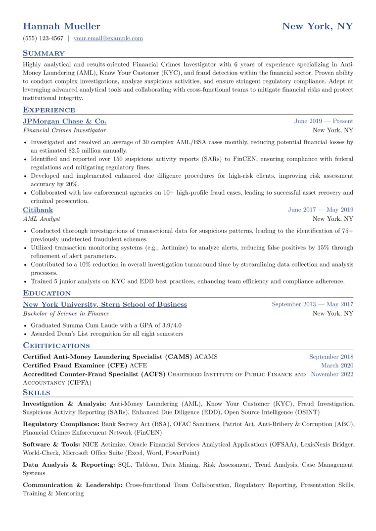 Financial Crimes Investigator Resume Example CV template preview