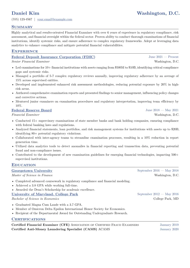 Financial Examiner Resume Example CV template preview