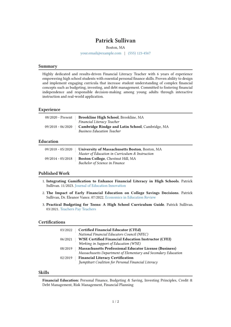 Financial Literacy Teacher Resume Example CV template preview
