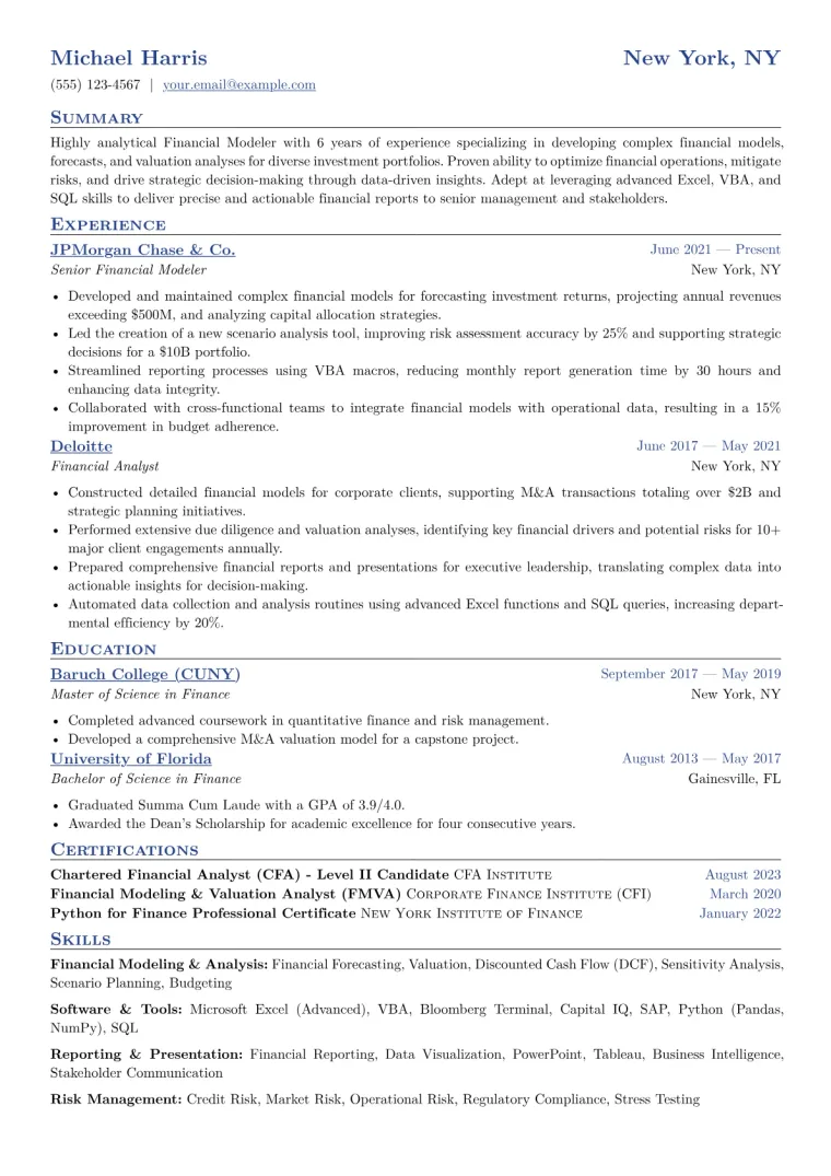 Financial Modeler Resume Example CV template preview