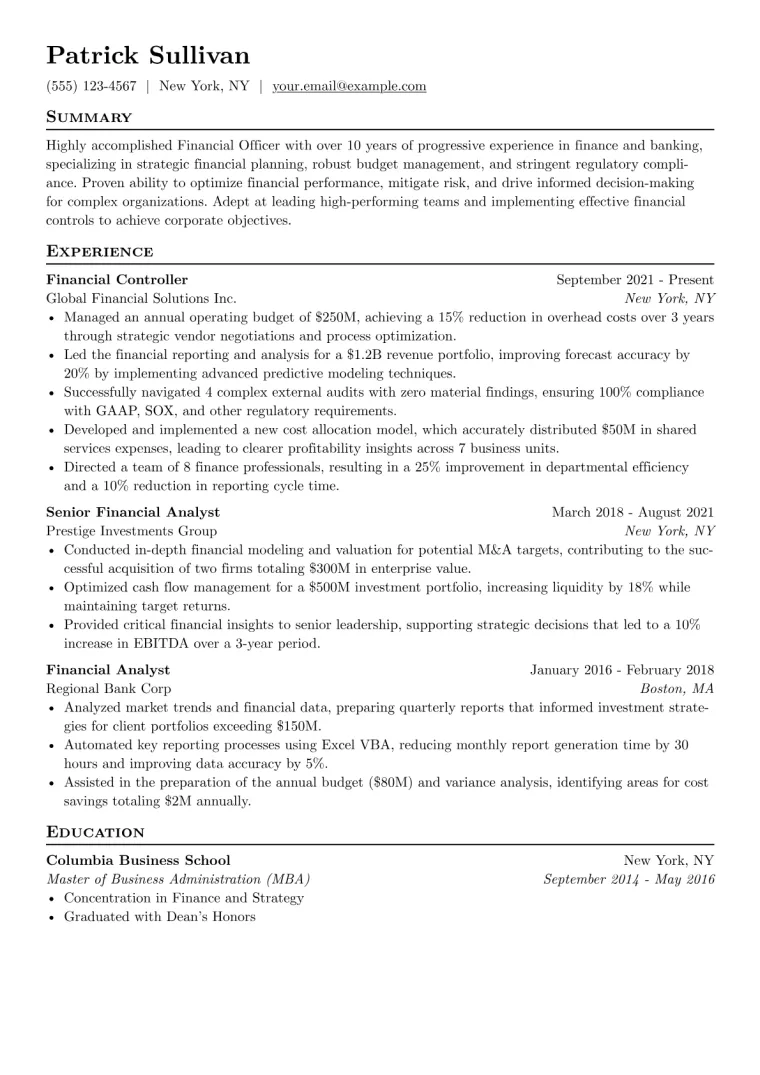 Financial Officer Resume Example preview