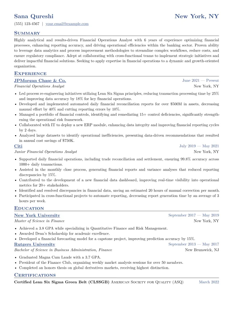 Financial Operations Analyst Resume Example CV template preview
