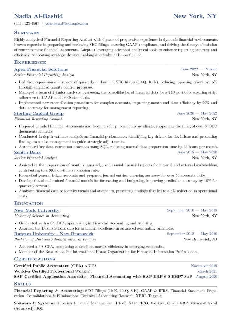 Financial Reporting Analyst Resume Example CV template preview