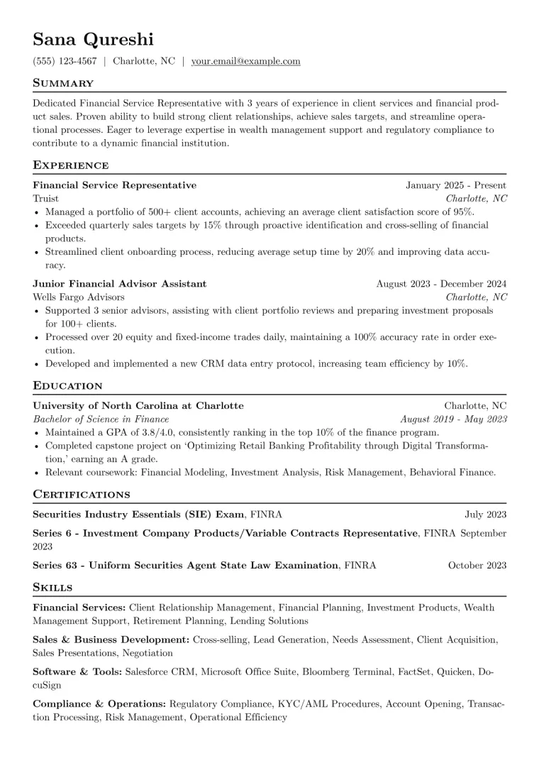 Financial Service Representative Resume Example preview