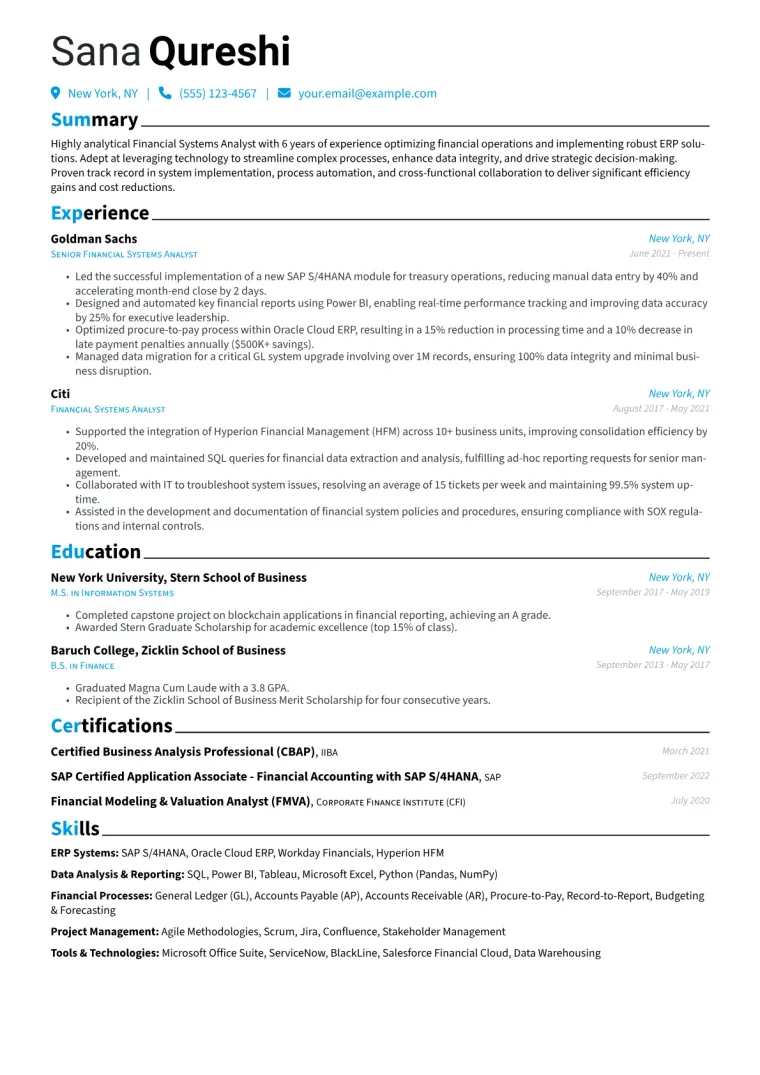 Financial Systems Analyst Resume Example CV template preview