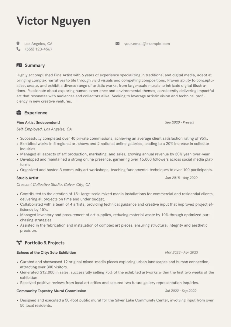 Fine Artist Resume Example CV template preview