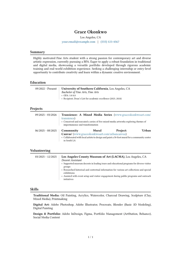 Fine Arts Student Resume Example CV template preview