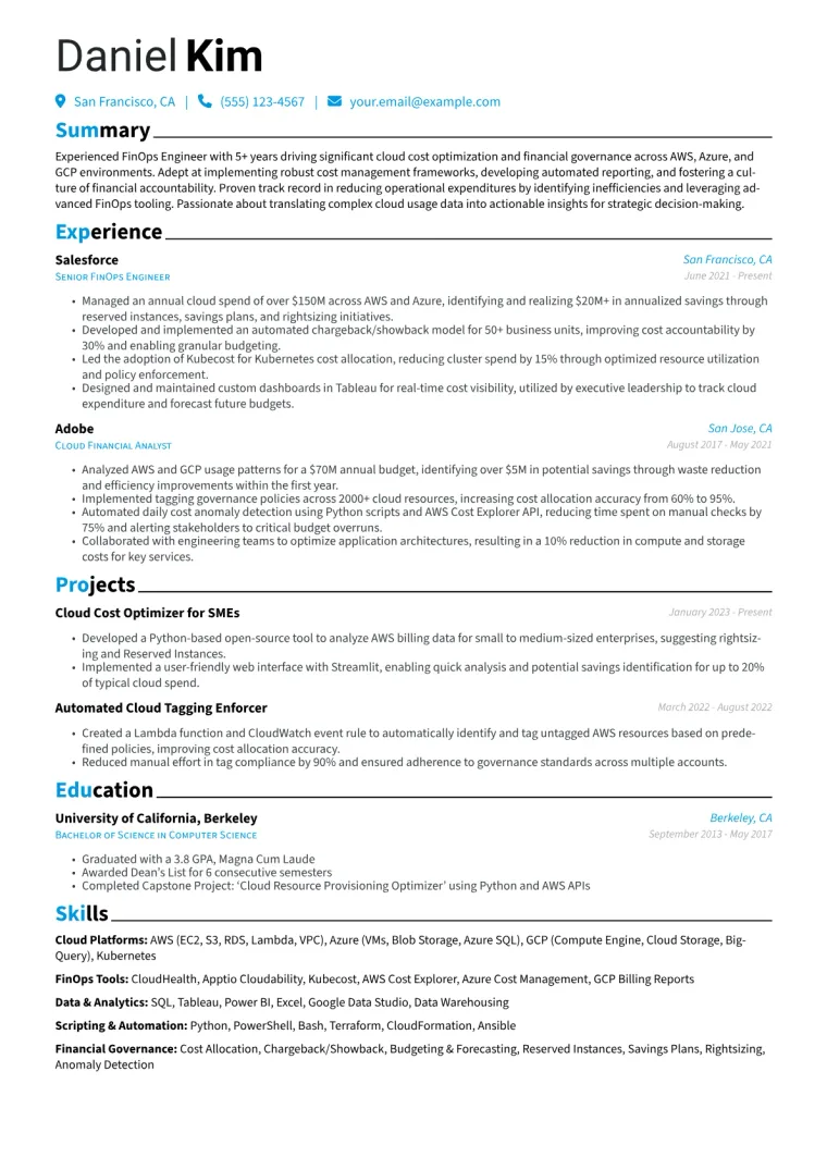 FinOps Engineer Resume Example CV template preview