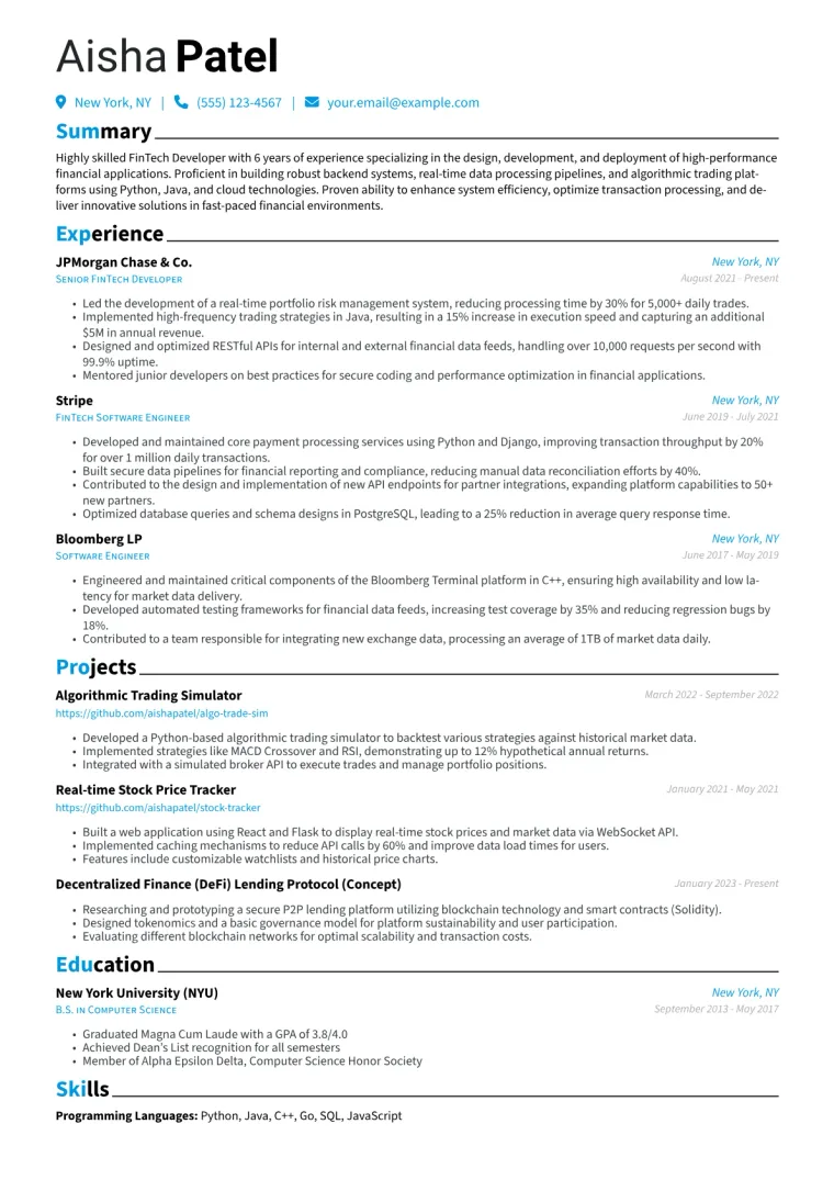 FinTech Developer Resume Example CV template preview